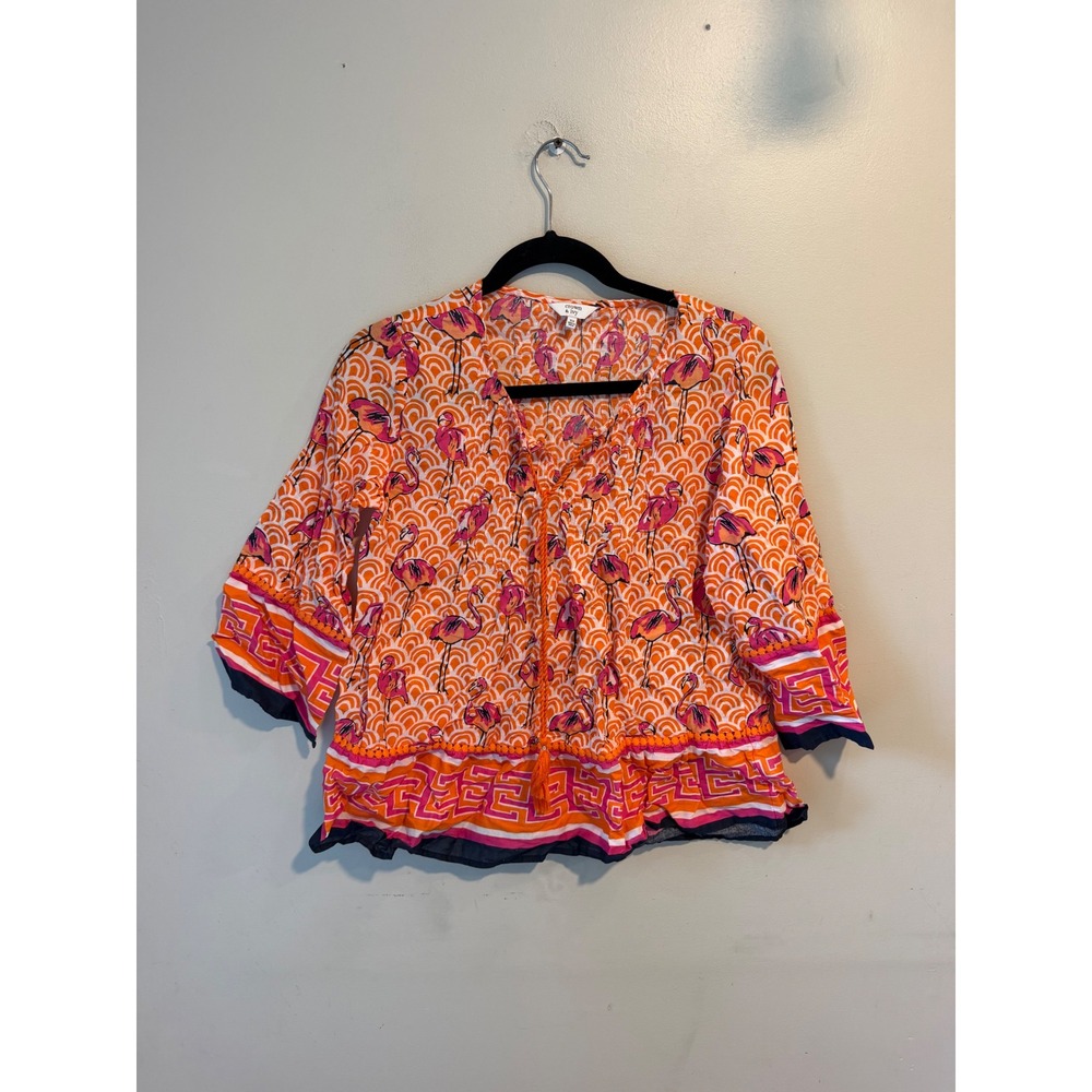 Crown & Ivy Flamingo Print Peasant Top Orange Pink Tassel Cotton XS